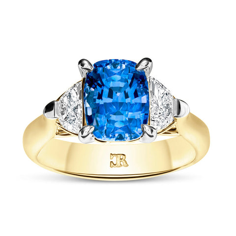 Blue Sapphire Trilogy Ring in 9ct Yellow Gold » Engagement